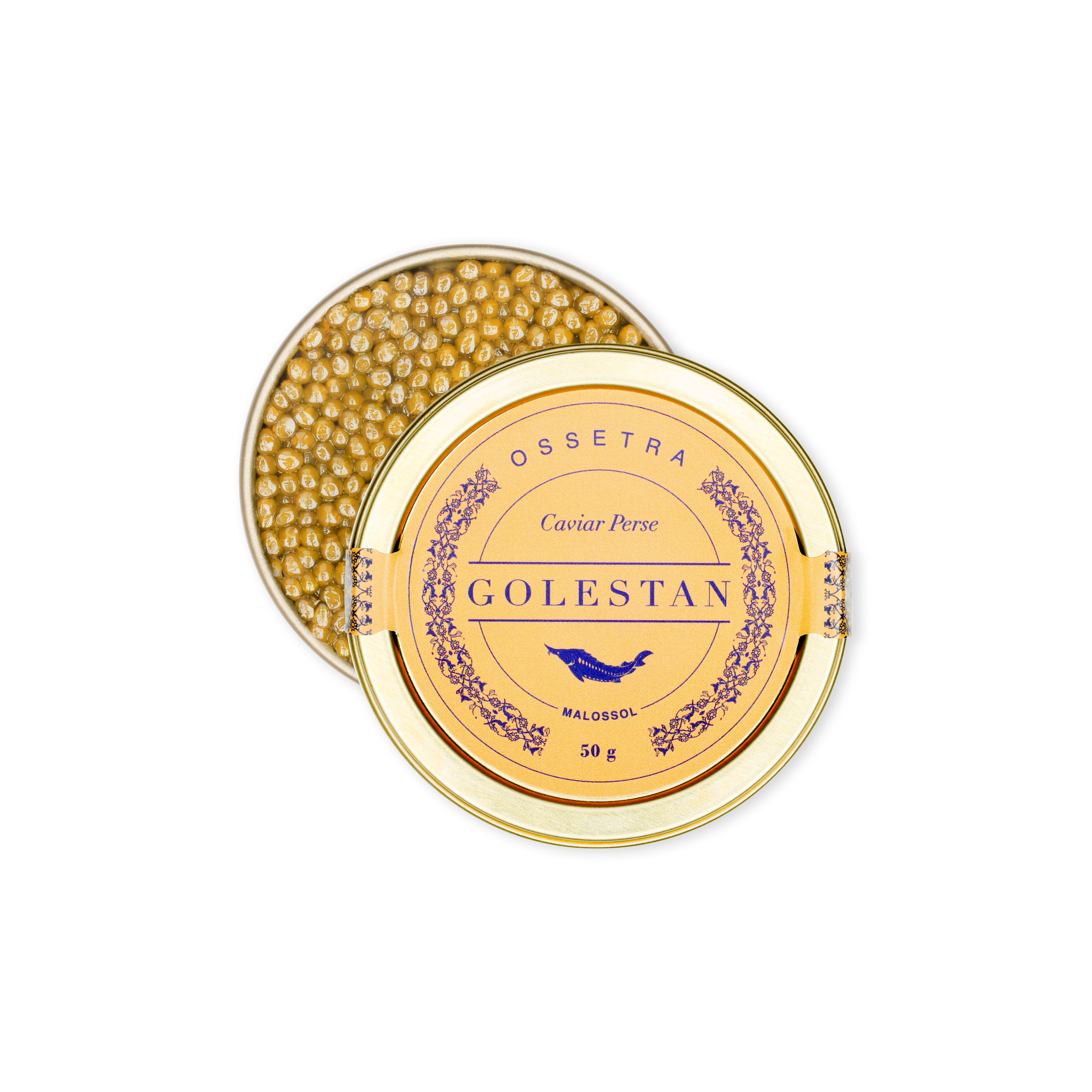boîte de caviar ossetra semi ouverte Golestan Caviar